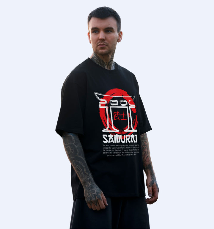 Samurai - Front Print Anime Oversized T-Shirt In Black - Mon Zurich Fan-Art