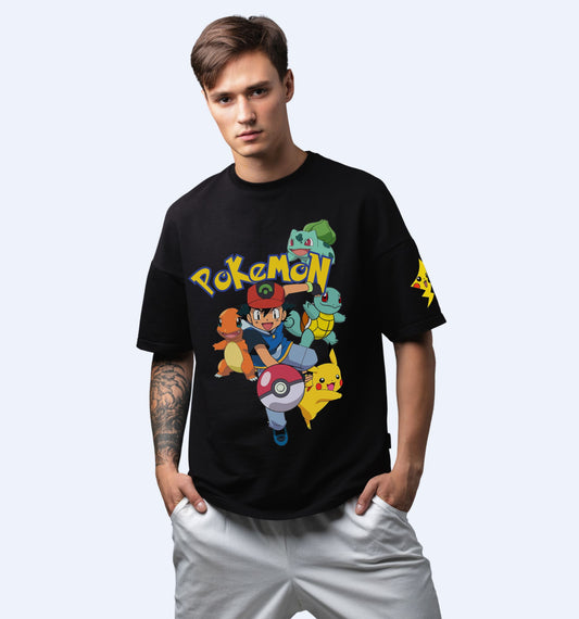 Pokemon - Pikachu - Front Print Anime Oversized T-Shirt In Black - Mon Zurich Fan-Art