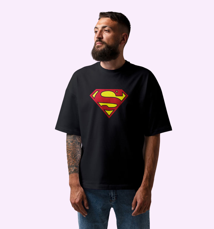 Dc - Superman -  Symbol - The Man Of Steel Superhero Back Print Oversized T-Shirt In Black - Mon Zurich Fan-Art