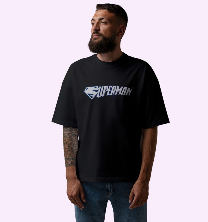 Dc - Superman - Typography - The Man Of Steel Superhero Back Print Oversized T-Shirt In Black - Mon Zurich Fan-Art