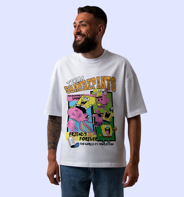 Team Spongebob Cartoons And Comics Front print Oversized T-Shirt In White - Mon Zurich Fan Art Printed Collection