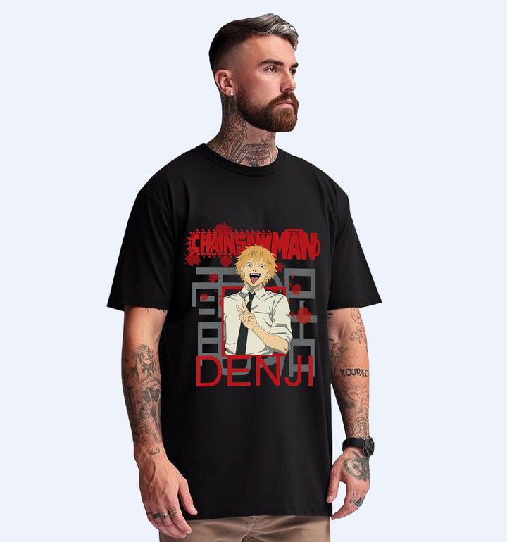 Chainsawman - Denji - Front Print Anime Oversized T-Shirt In Black - Mon Zurich Fan-Art