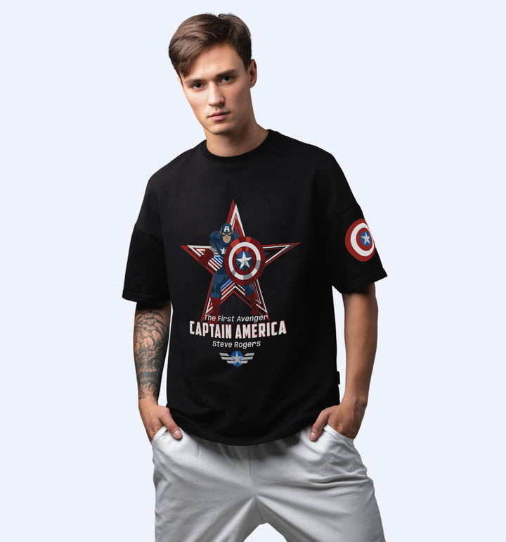 Captain America - Front Print Superhero Oversized T-Shirt In Black - Mon Zurich Fan-Art