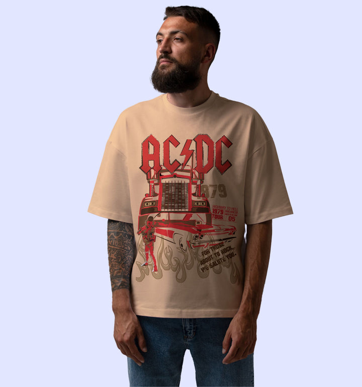 Acdc - Highway To Hell Cartoons And Comics Front print Oversized T-Shirt In Beige - Mon Zurich Fan Art Printed Collection