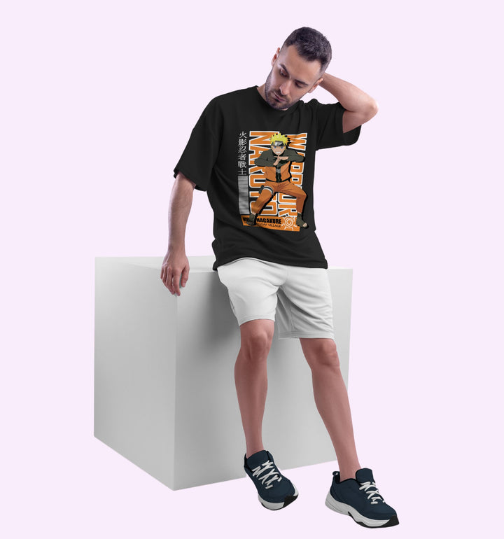 Naruto - Warrior - Front Print Anime Oversized T-Shirt In Black - Mon Zurich Fan-Art