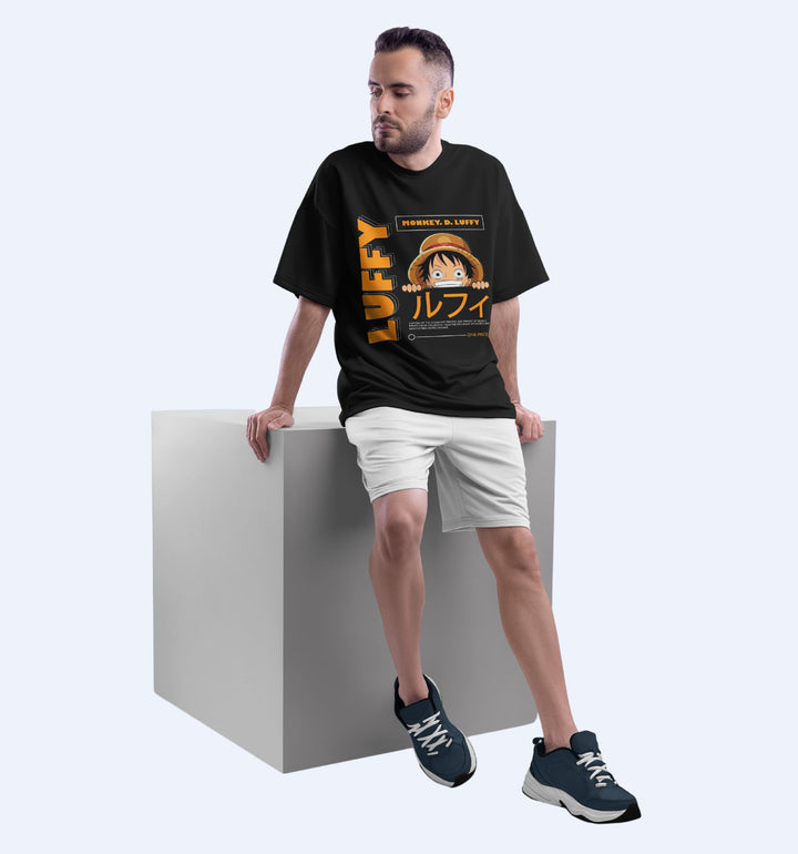 Luffy - Front Print  Anime Oversized T-Shirt In Black - Mon Zurich Fan-Art