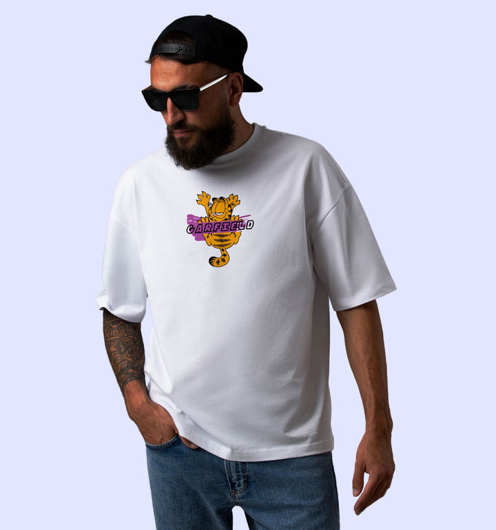 Garfield - Attitude Cartoons And Comics Back print Oversized T-Shirt In White - Mon Zurich Fan Art Printed Collection