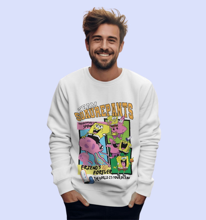 Team Spongebob Cartoons And Comics Sweatshirt In White - Mon Zurich Fan Art Printed Collection