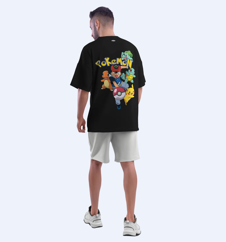 Pokemon - Ash & Pikachu - Back Print Anime Oversized T-Shirt In Black - Mon Zurich Fan-Art