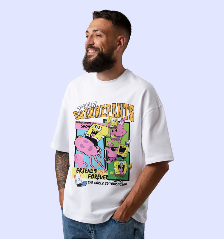 Team Spongebob Cartoons And Comics Front print Oversized T-Shirt In White - Mon Zurich Fan Art Printed Collection