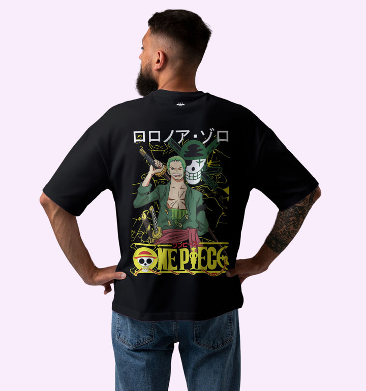 One Piece - Roronoa.Zoro - Typography Anime Back Print Oversized T-Shirt In Black - Mon Zurich Fan-Art