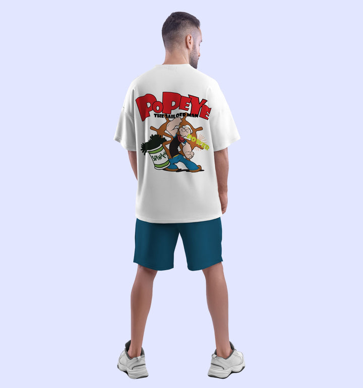 The Sailorman - Popeye Cartoons And Comics Back print Oversized T-Shirt In White - Mon Zurich Fan Art Printed Collection