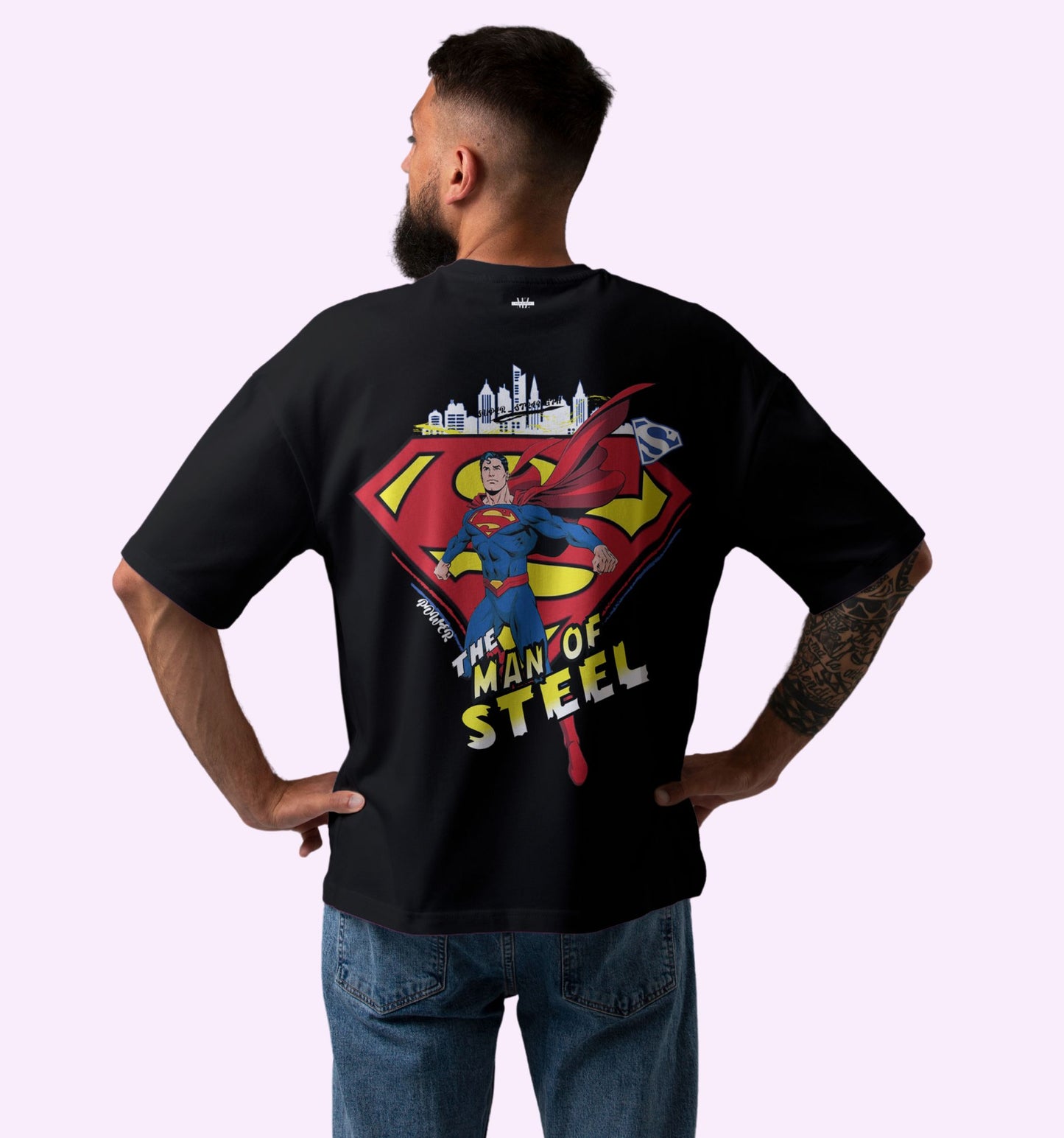 Dc - Superman - Typography - The Man Of Steel Superhero Back Print Oversized T-Shirt In Black - Mon Zurich Fan-Art