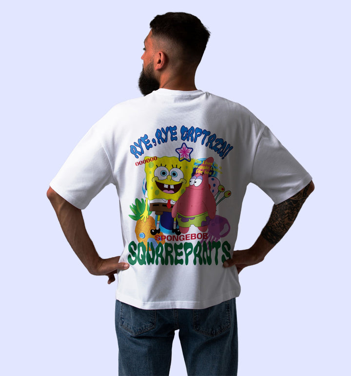 Aye, Aye Captain! - Spongebob Cartoons And Comics Back print Oversized T-Shirt In White - Mon Zurich Fan Art Printed Collection