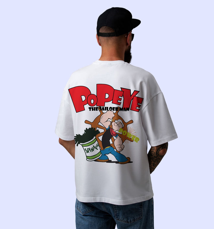 The Sailorman - Popeye Cartoons And Comics Back print Oversized T-Shirt In White - Mon Zurich Fan Art Printed Collection