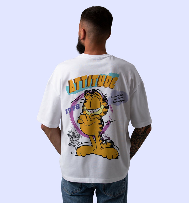 Garfield - Attitude Cartoons And Comics Back print Oversized T-Shirt In White - Mon Zurich Fan Art Printed Collection