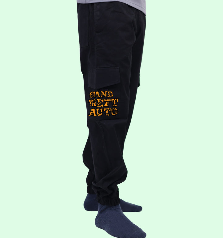 Gta Games And Sports Printed Cargo Jogger In Black - Mon Zurich Fan Art Printed Collection