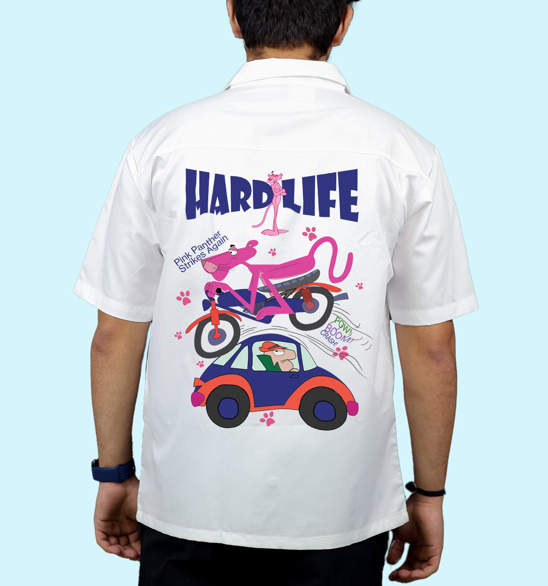 Pink Panther Hard Life Cartoons And Comics Back print Casual Shirt In White Mon Zurich Fan Art Printed Collection