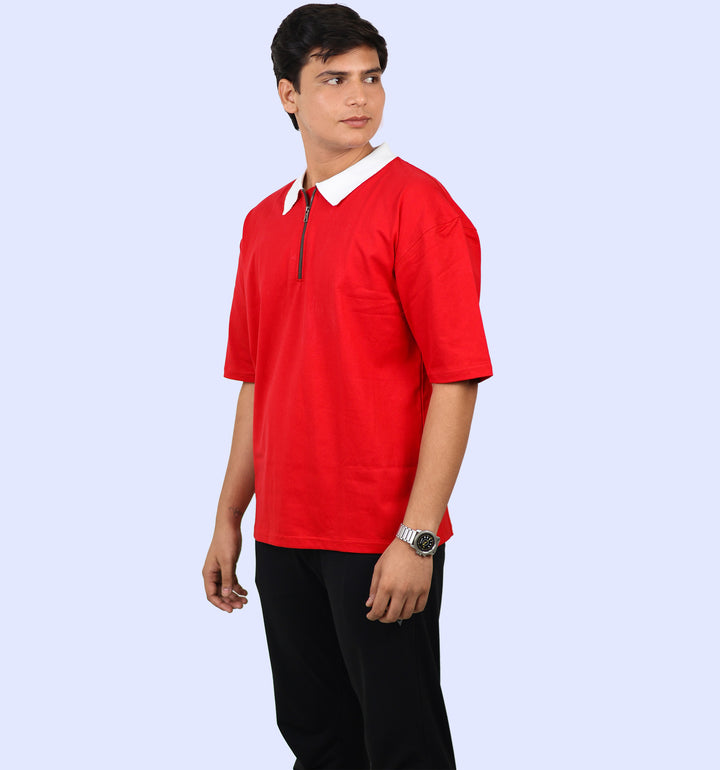 Mon Zurich Plain Oversized Polo T-Shirt In Red - Mon Zurich Plain Collection