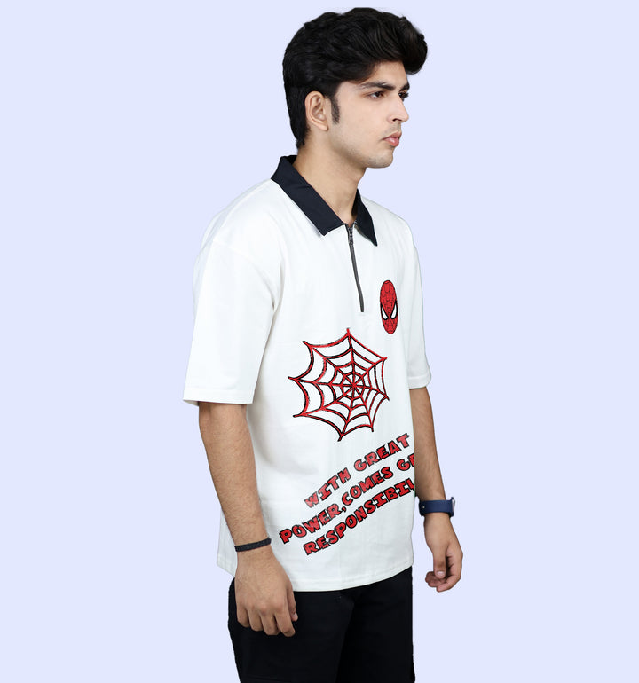 Spiderman - With Great Power Comes Great Responsiblity Cartoons And Comics Polo T-Shirt In White - Mon Zurich Fan Art Printed Collection