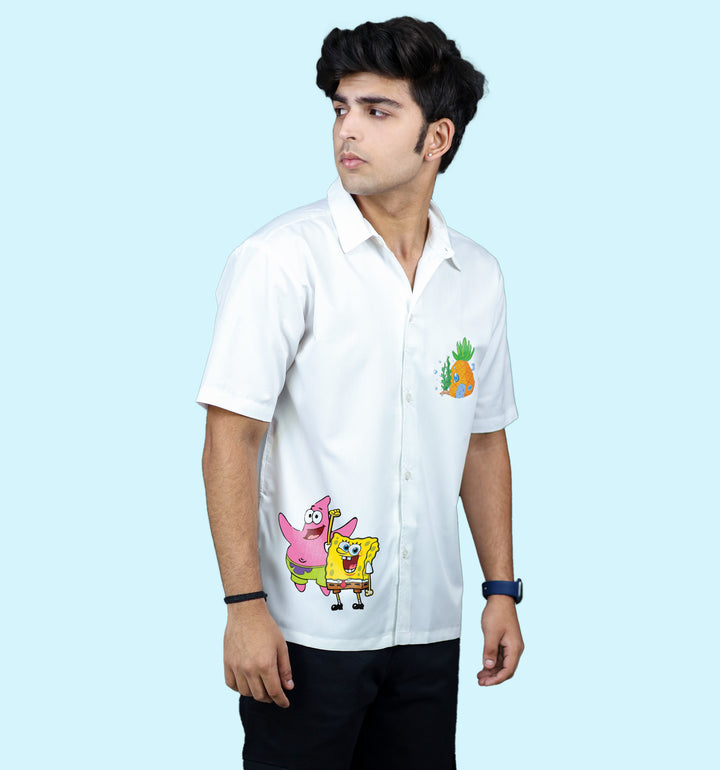 Team Spongebob Cartoons And Comics Back print Casual Shirt In White - Mon Zurich Fan Art Printed Collection