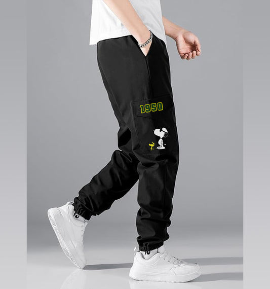 Peanuts Cartoons And Comics Printed Cargo Jogger In Black - Mon Zurich Fan Art Printed Collection